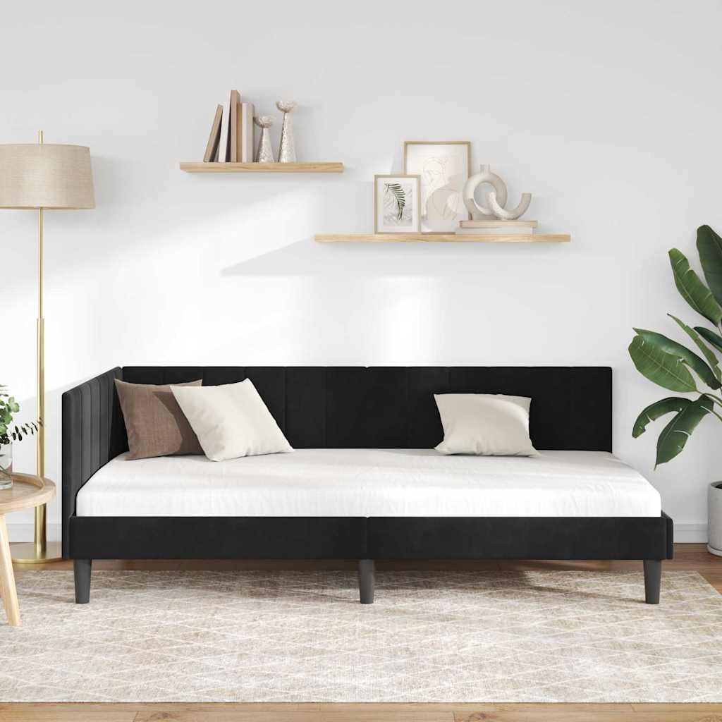 Hjørnesengramme med hovedgærde Sort 90 cm x 200 cm Fløjl