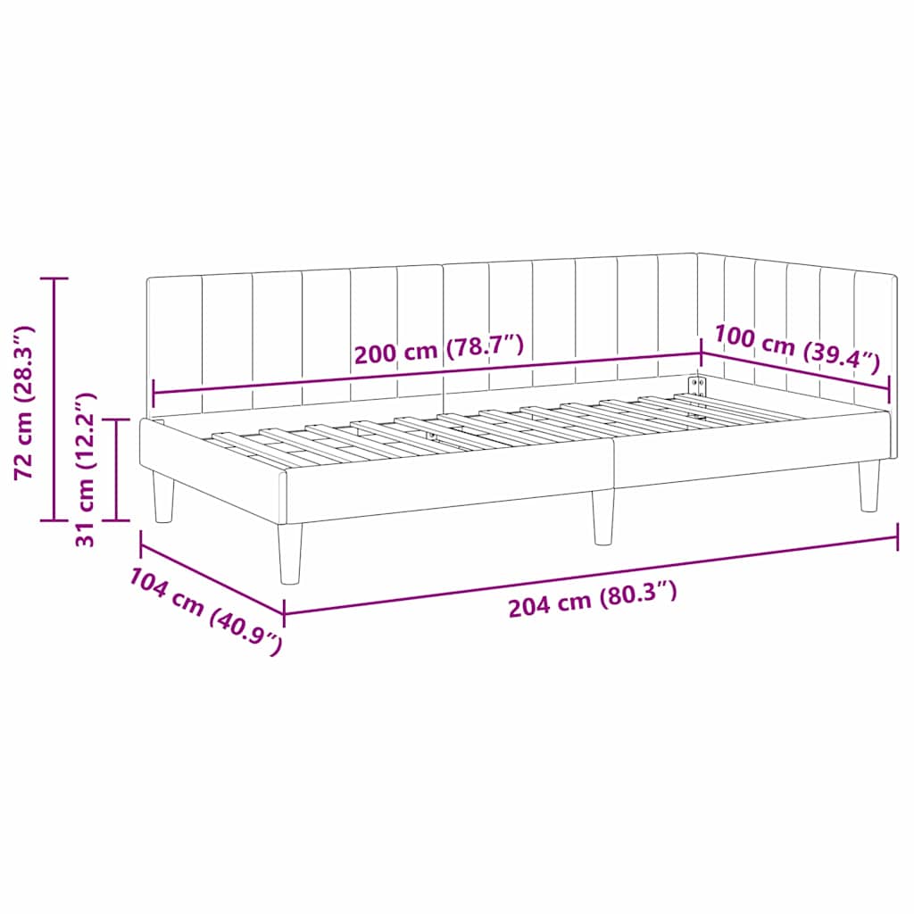 Hjørnesengramme med hovedgærde Lysegrå 100 cm x 200 cm Fløjl