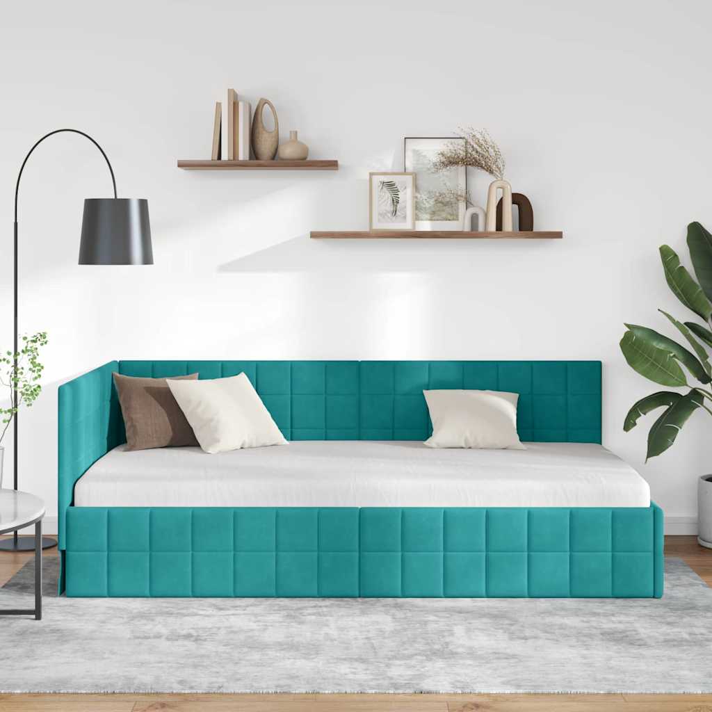 Hjørnesengramme med hovedgærde Turkis 90 cm x 200 cm Fløjl