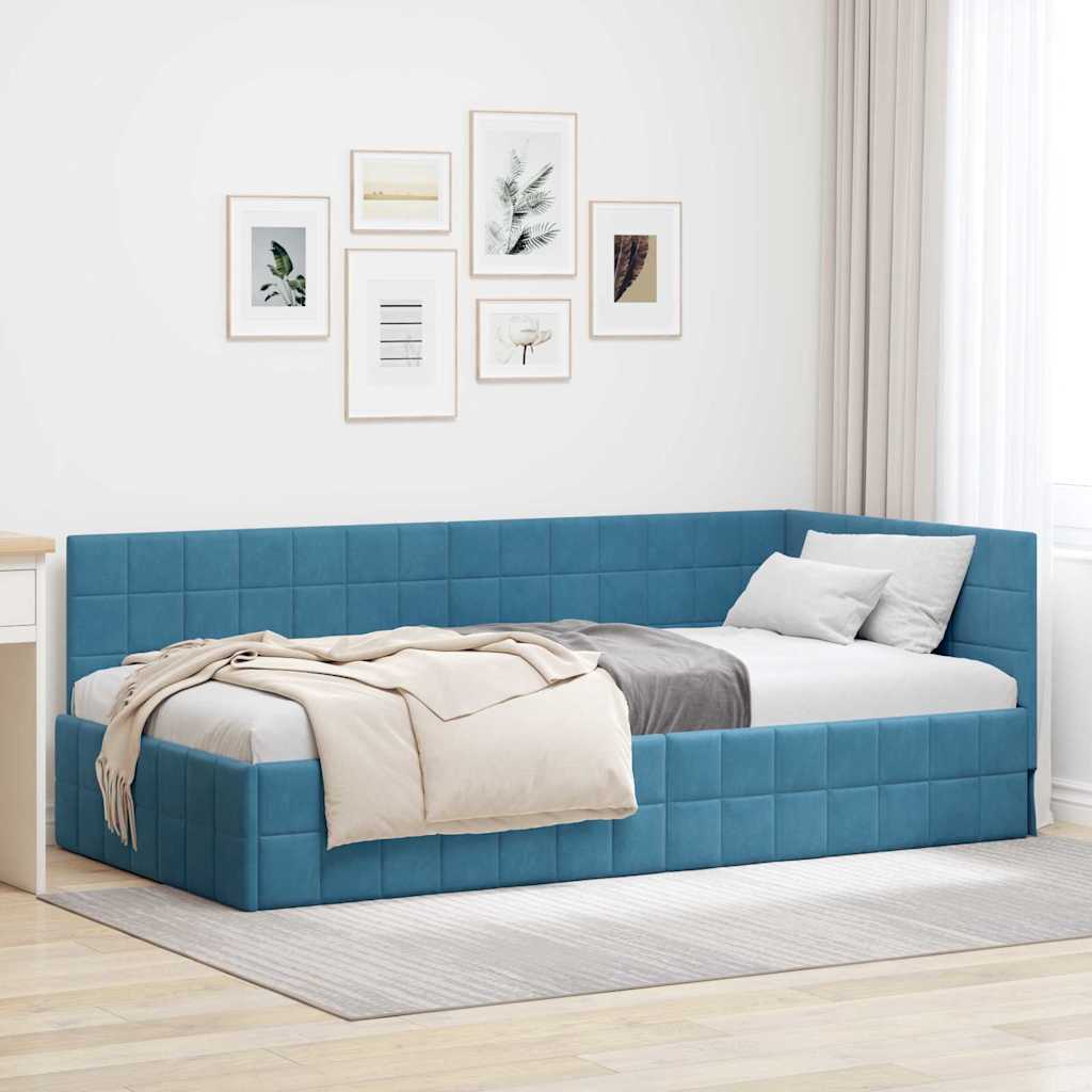 Hjørnesengramme med hovedgærde Blå 100 cm x 200 cm Fløjl