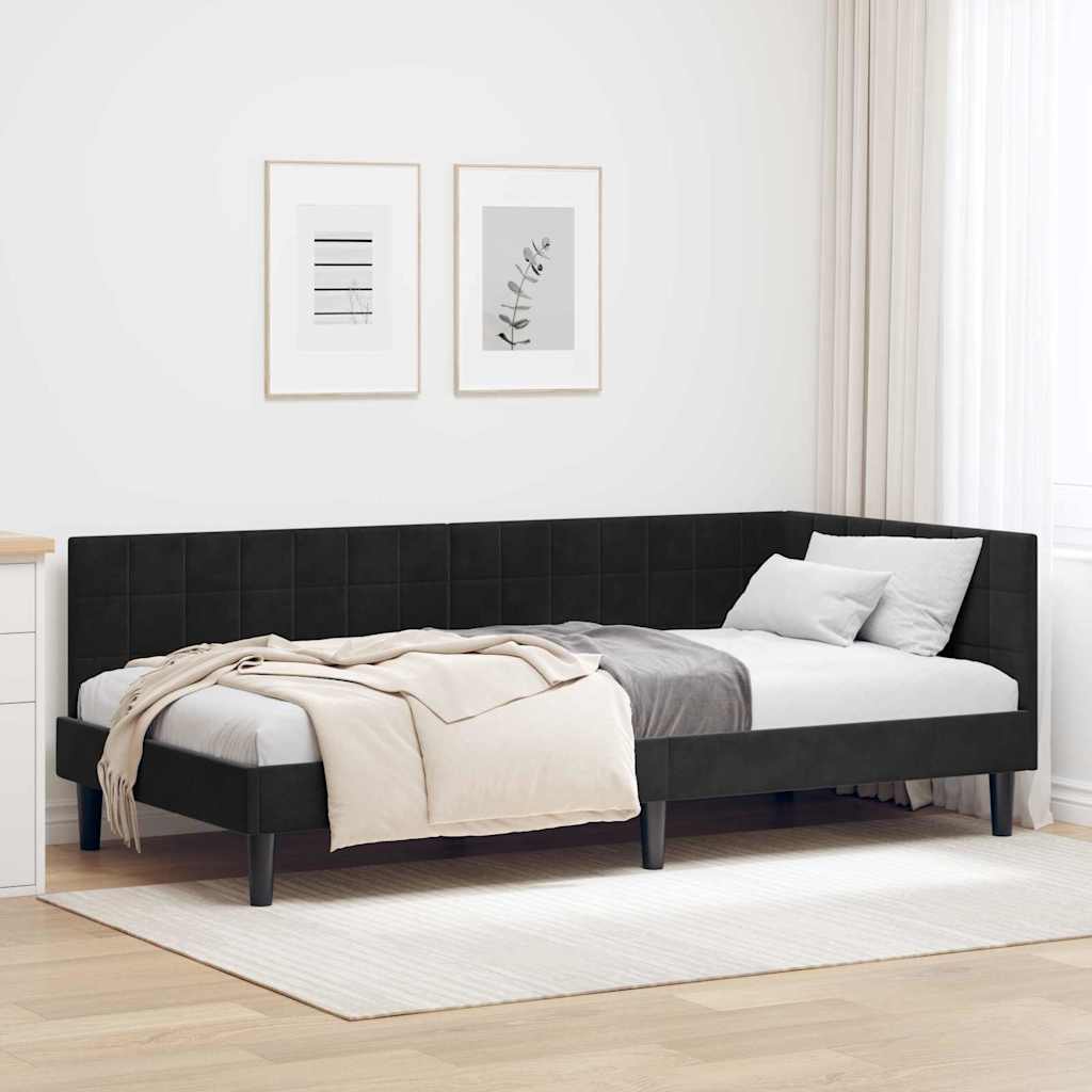 Hjørnesengramme med hovedgærde Sort 90 cm x 190 cm Fløjl