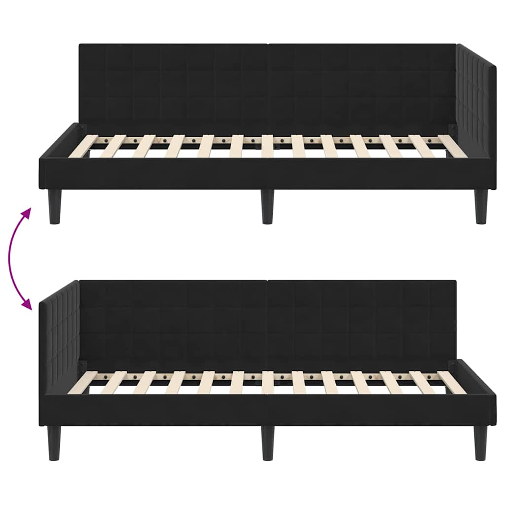 Hjørnesengramme med hovedgærde Sort 90 cm x 190 cm Fløjl