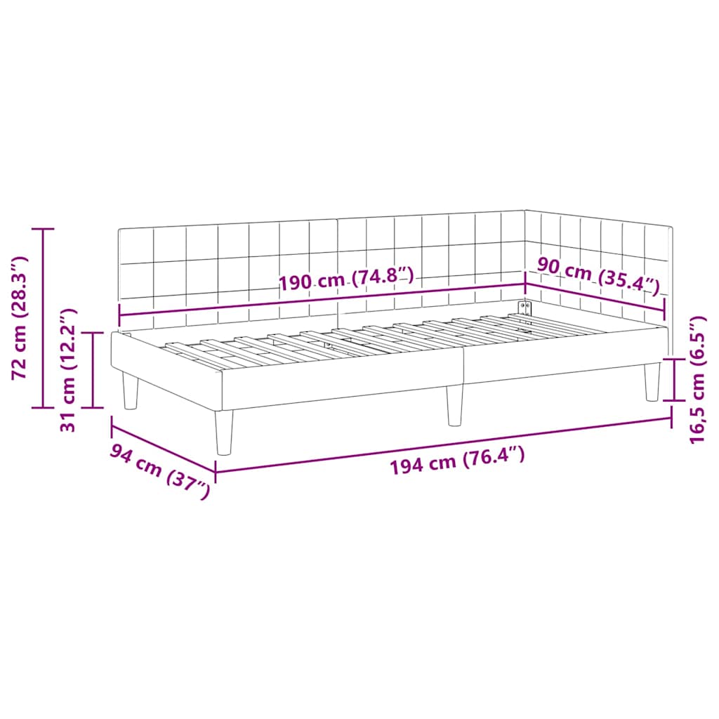 Hjørnesengramme med hovedgærde Sort 90 cm x 190 cm Fløjl