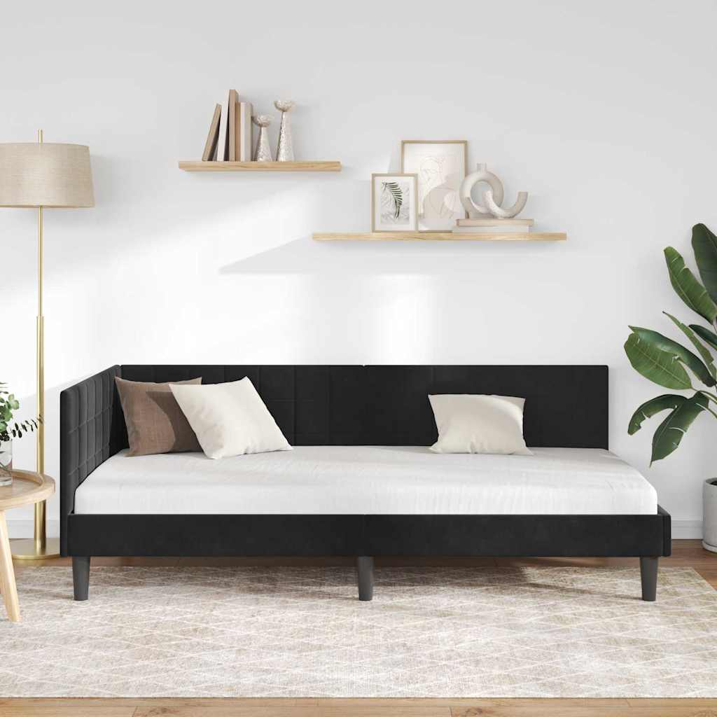 Hjørnesengramme med hovedgærde Sort 90 cm x 200 cm Fløjl