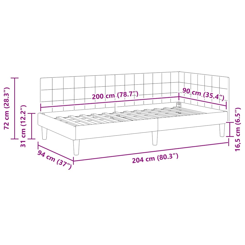Hjørnesengramme med hovedgærde Sort 90 cm x 200 cm Fløjl