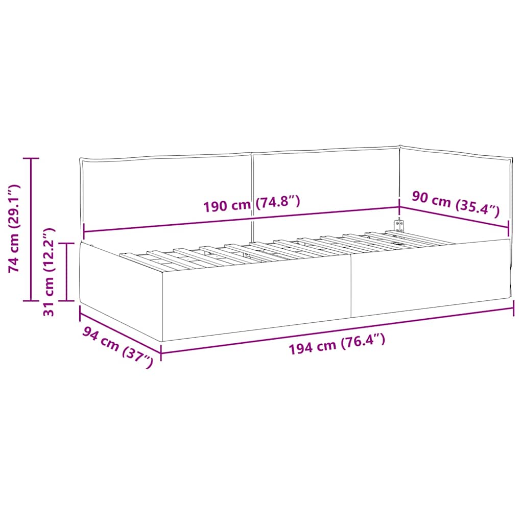 Hjørnesengramme med hovedgærde Sort 90 x 190 cm Stof