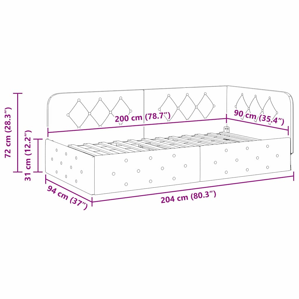 Hjørnesengramme Sort 90 x 200 cm Stof