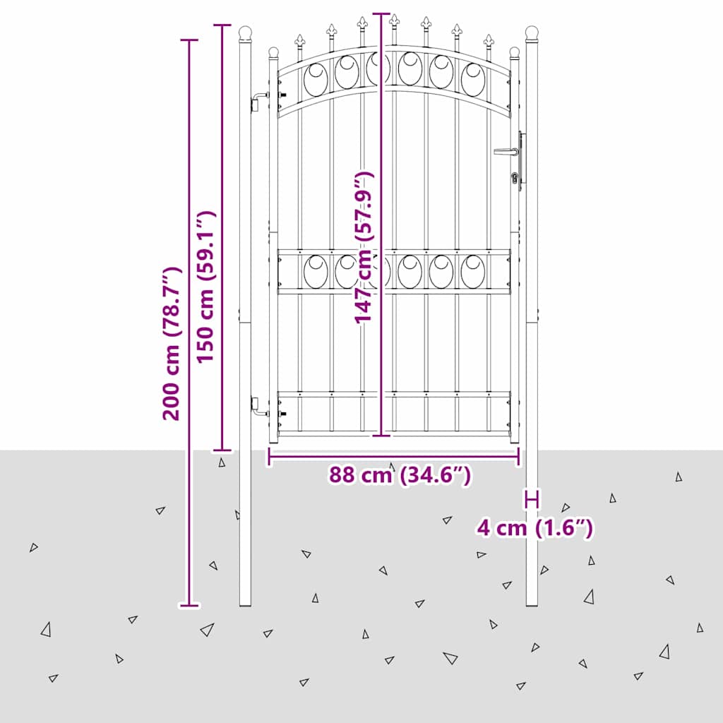 Hegnsportal med pigge EMMEN 200 x 100 cm Pulverlakeret Stål Grå