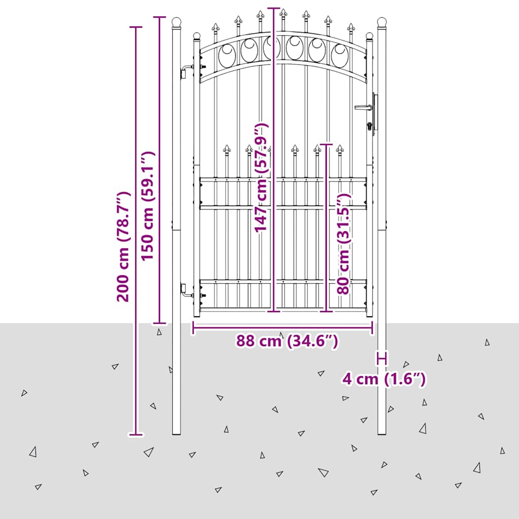 Hegnsportal med pigge EMMEN 200 x 100 cm Pulverlakeret Stål Grå