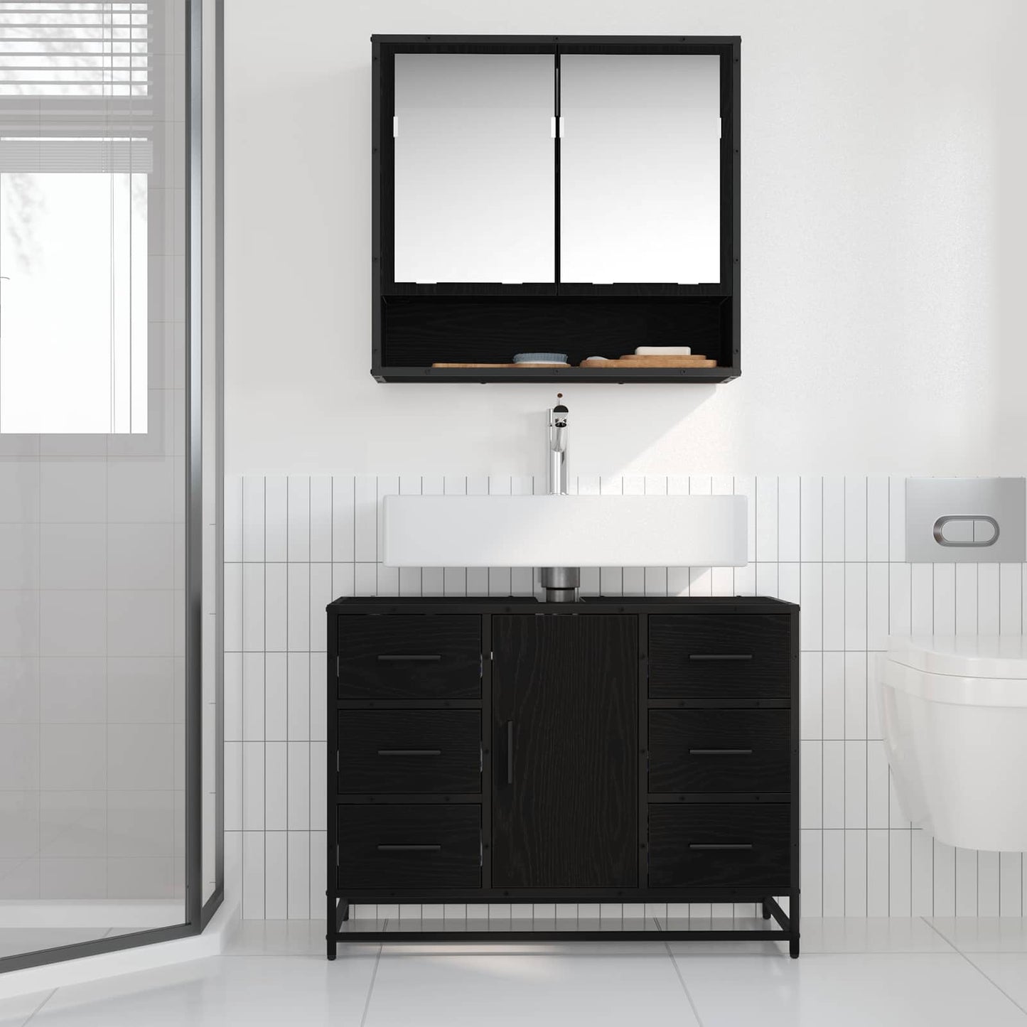 Badeværelsesskab Sort eg 80 x 33 x 60 cm Konstrueret træ