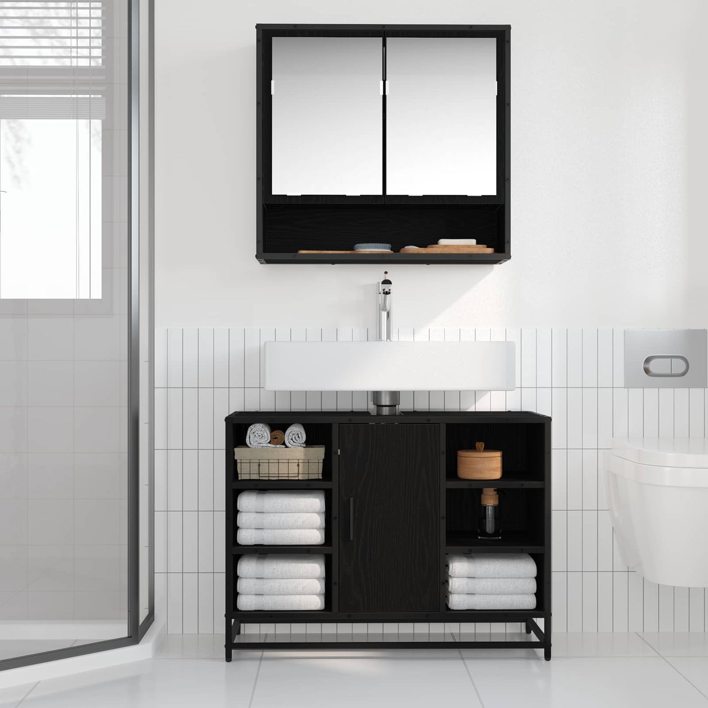 Badeværelsesskab Sort eg 80 x 33 x 60 cm Konstrueret træ