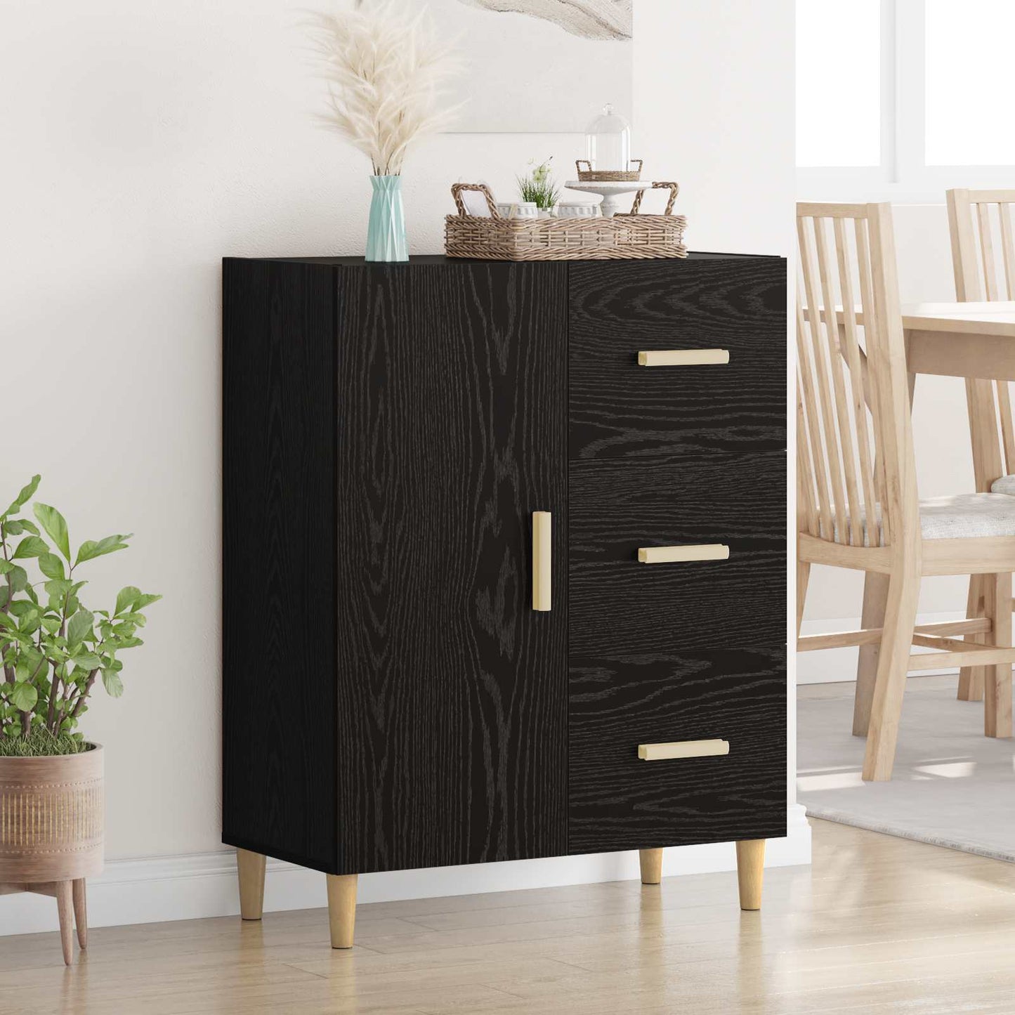 Sideboard med skuffe Sort eg 34 x 69,5 x 90 cm Konstrueret træ