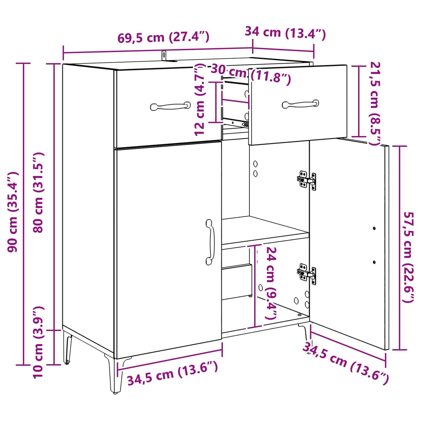 Sideboard Sort eg 69,5 x 34 x 90 cm Konstrueret træ
