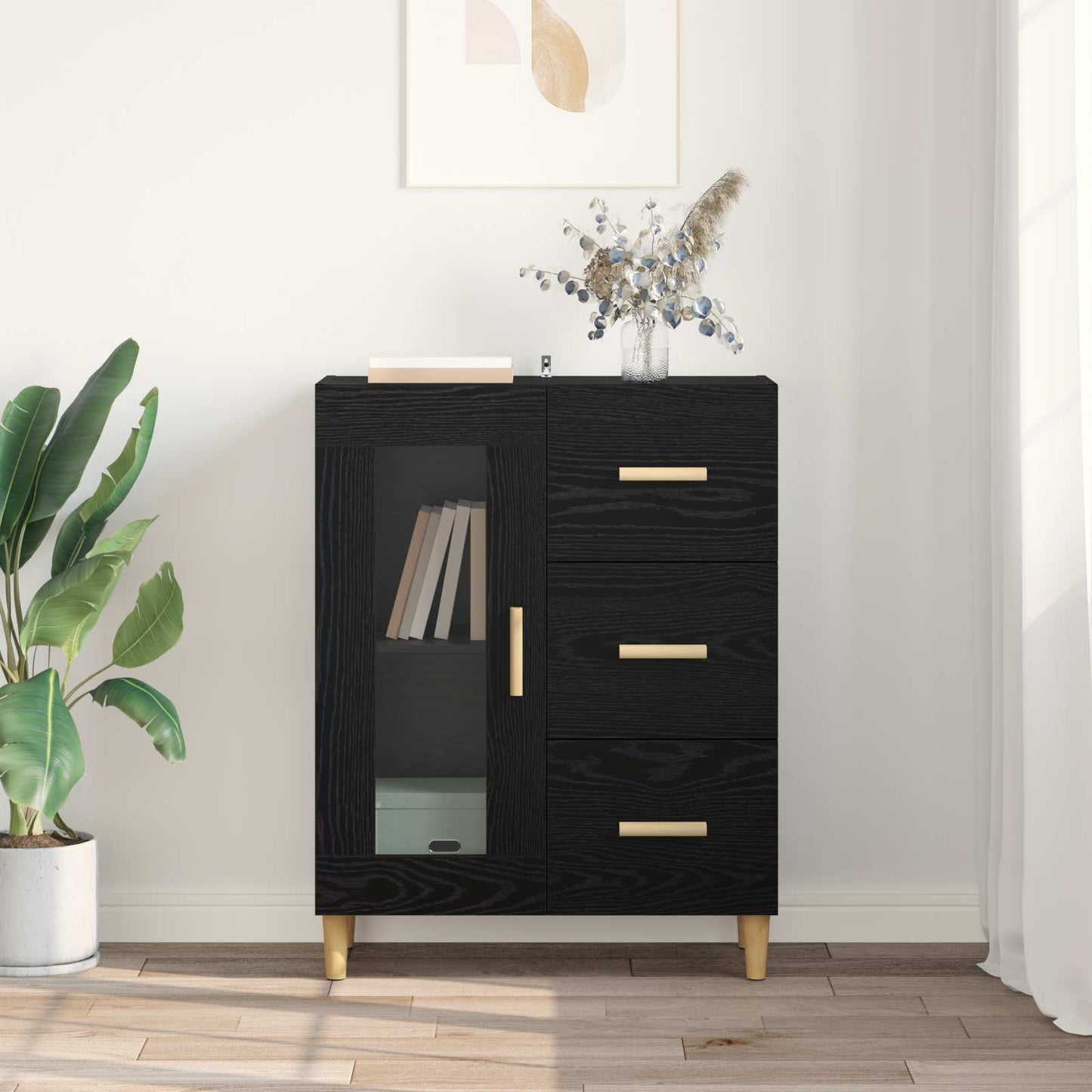 Sideboard med skuffe Sort eg 69,5 x 34 x 90 cm Konstrueret træ