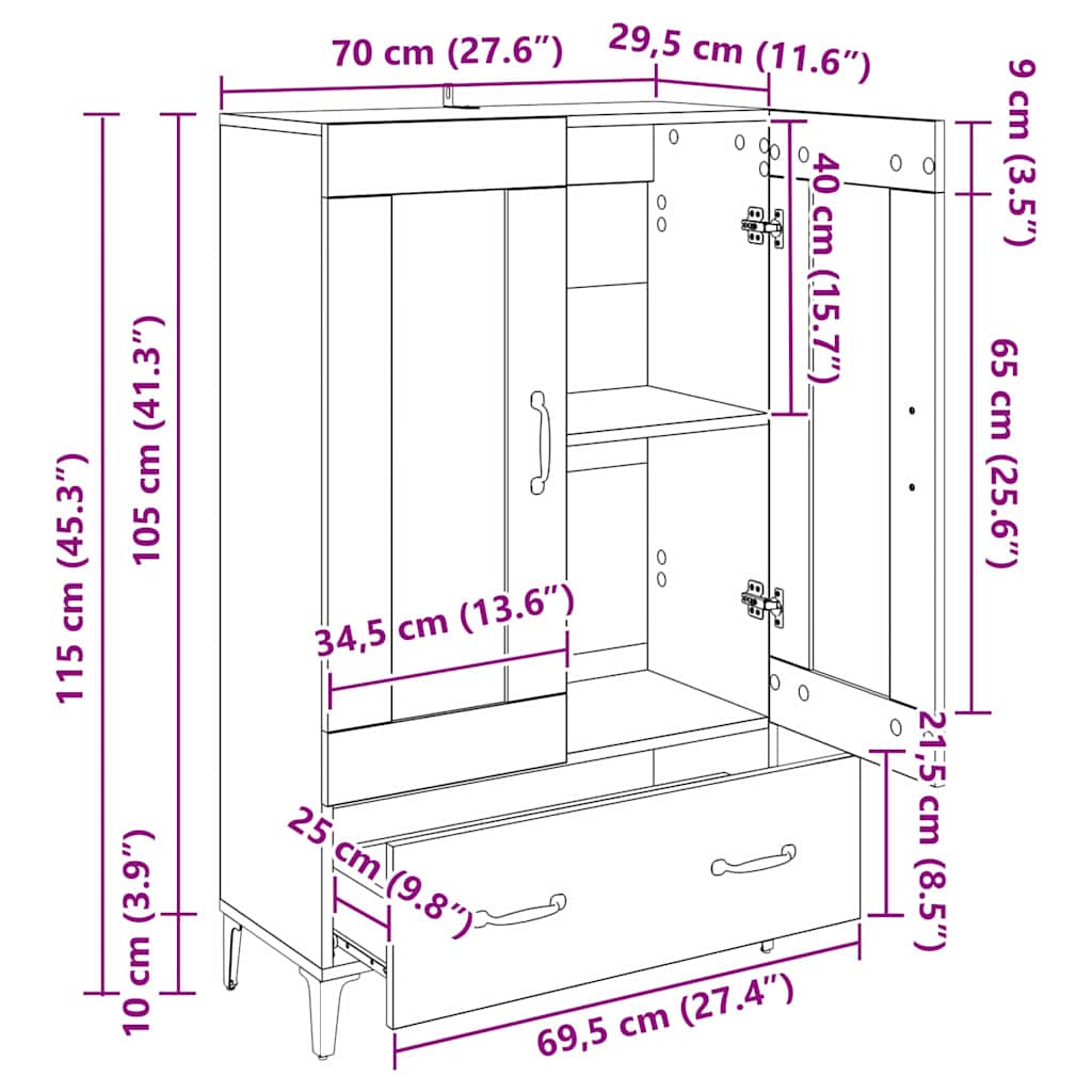 Highboard Artisan Egetræ 70 x 31 x 115 cm Ingeniørt træ og jern