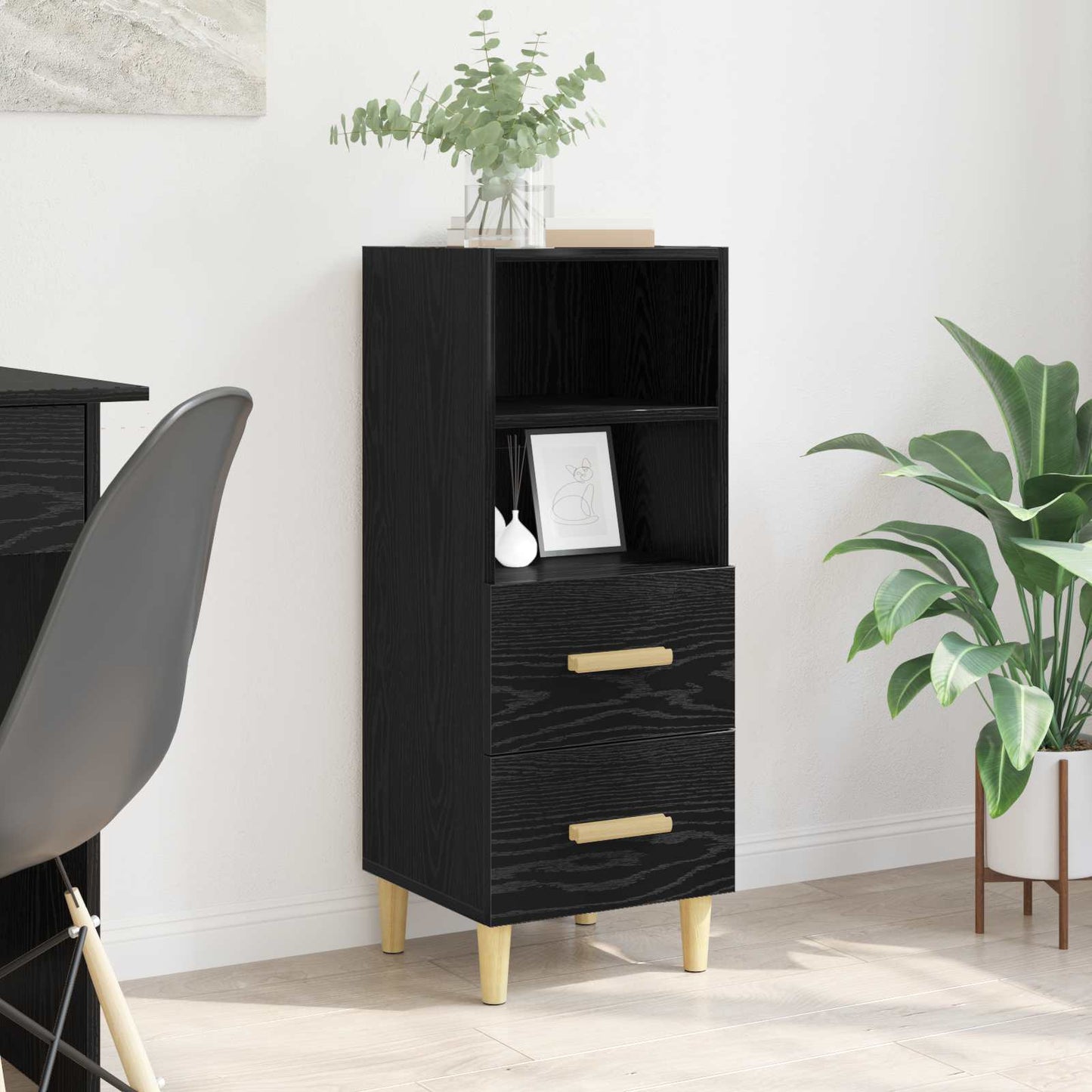 Sideboard med skuffe Sort eg 34 x 34.5 x 90 cm Konstrueret træ