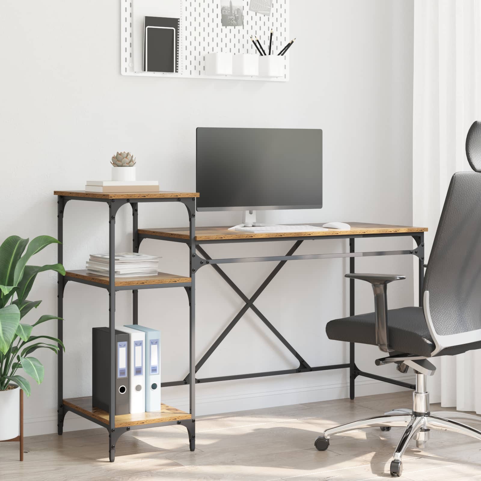 Skrivebord med hylder - gammelt træ look, 135 × 50 × 90 cm