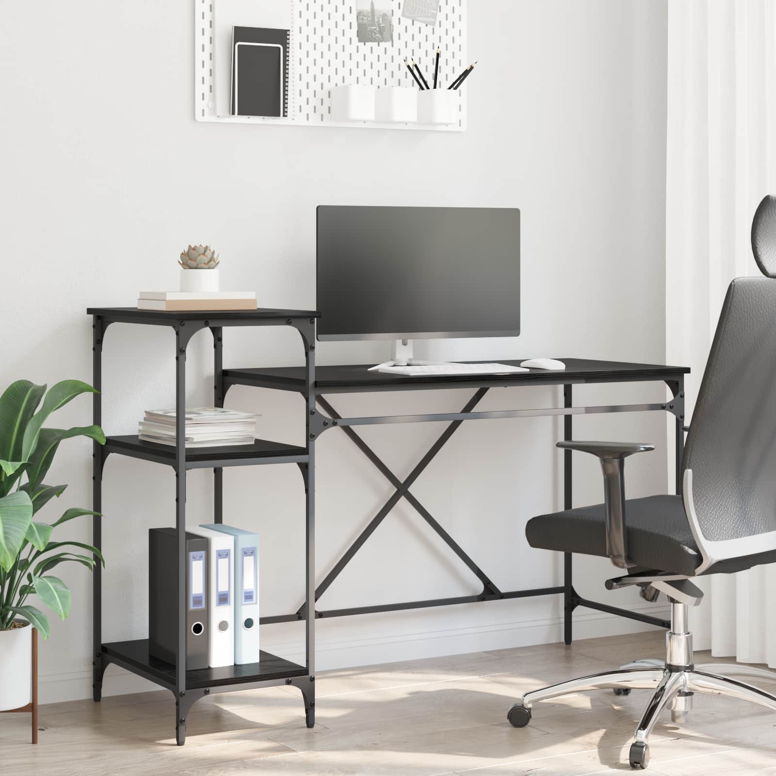 Skrivebord med hylder - sort eg, 135 × 50 × 90 cm, konstrueret træ