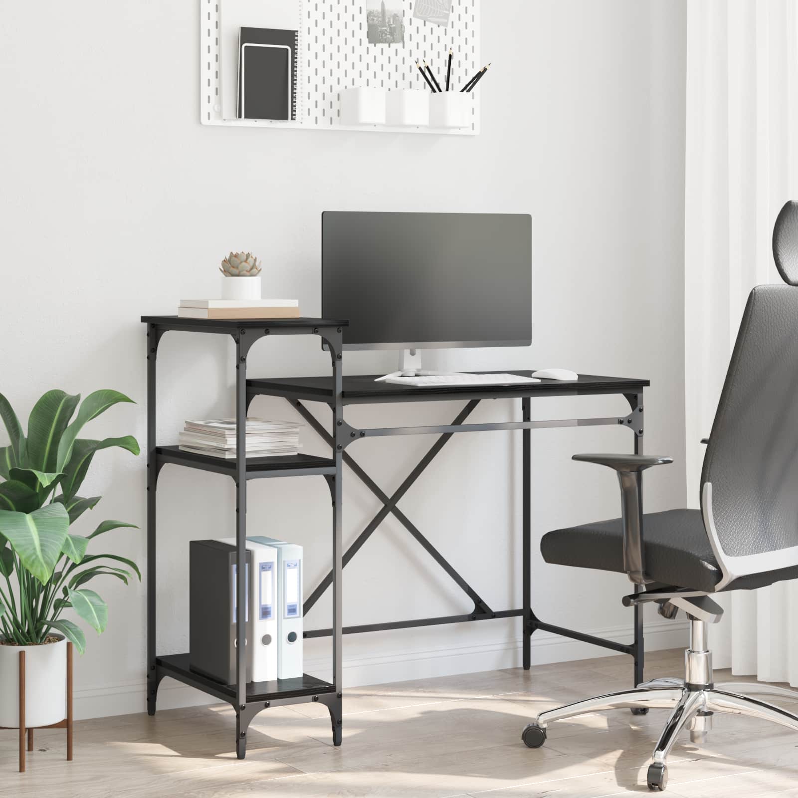 Skrivebord med hylder - sort eg, 105 × 50 × 90 cm, konstrueret træ