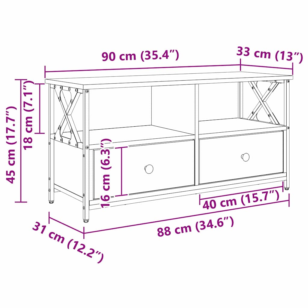 TV-skab med skuffe Sort eg 90 x 33 x 45 cm Ingeniørtræ og stål