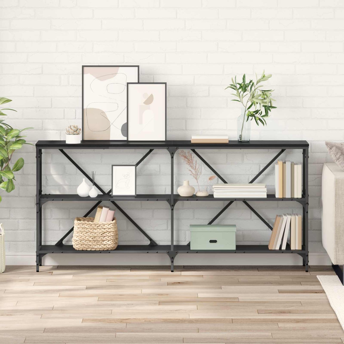 Konsolbord med hylde Sort eg 160 x 30 x 75 cm Konstrueret træ