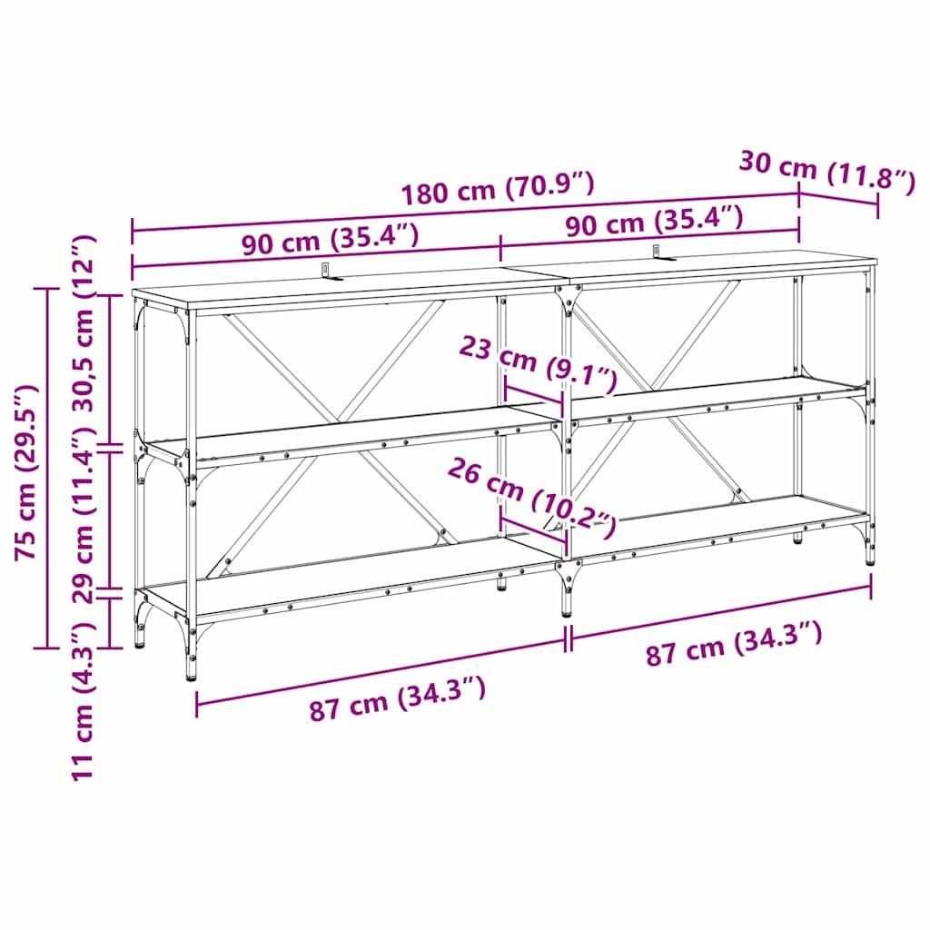 Konsolbord med hylde Sort eg 180 x 30 x 75 cm Konstrueret træ