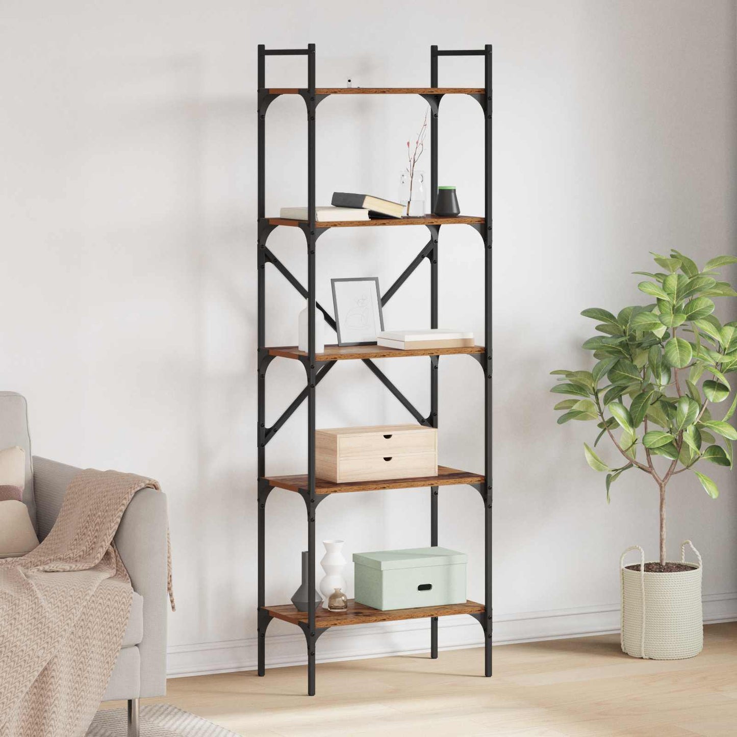 Bogreol 5 niveauer 56 x 32 x 174 cm Konstrueret træ Gammelt træ