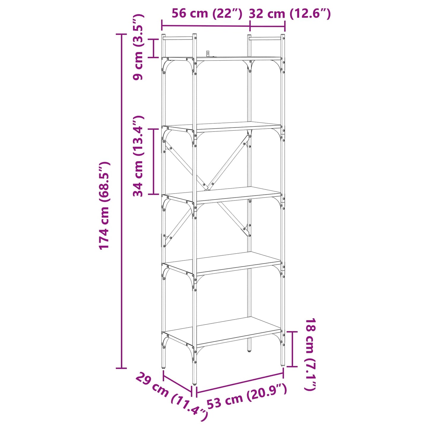 Bogreol 5 niveauer 56 x 32 x 174 cm Konstrueret træ Gammelt træ