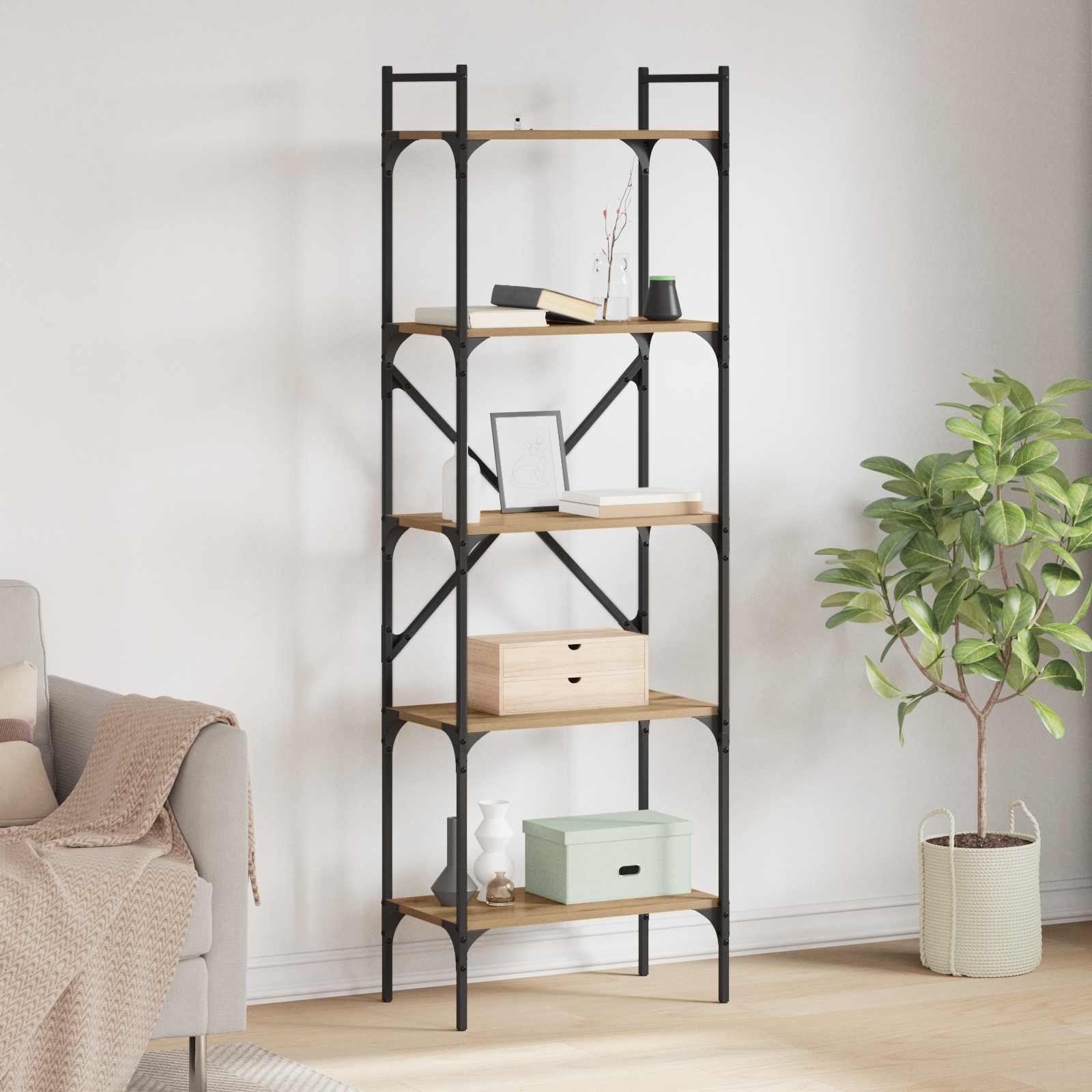 Bogreol 5 niveauer 56 x 32 x 174 cm Konstrueret træ billede
