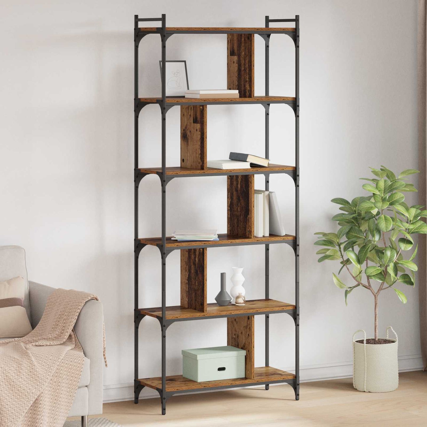 Bogreol 5 niveauer 76 x 32 x 192 cm Konstrueret træ Gammelt træ