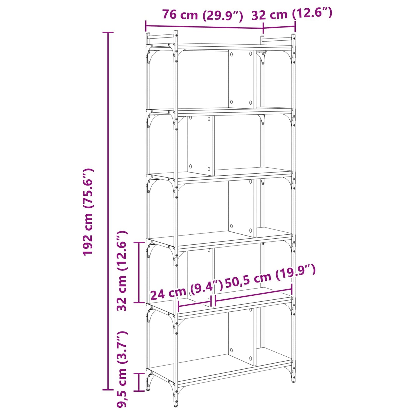 Bogreol 5 niveauer 76 x 32 x 192 cm Konstrueret træ artisan eg