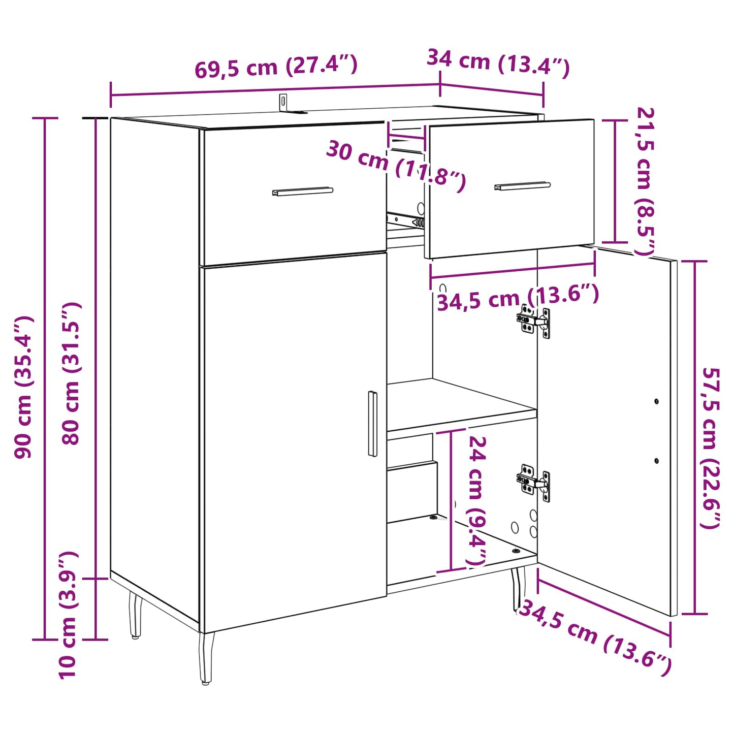 Sideboard Sort eg 69,5 x 34 x 90 cm Konstrueret træ