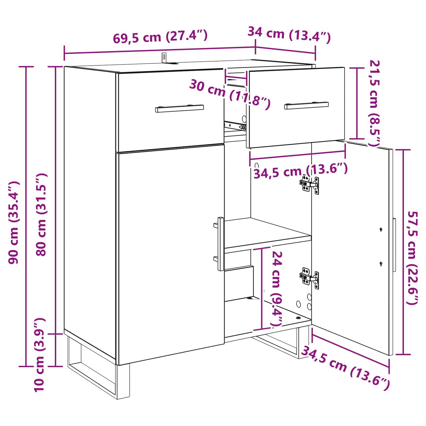 Sideboard Sort eg 69,5 x 34 x 90 cm Konstrueret træ