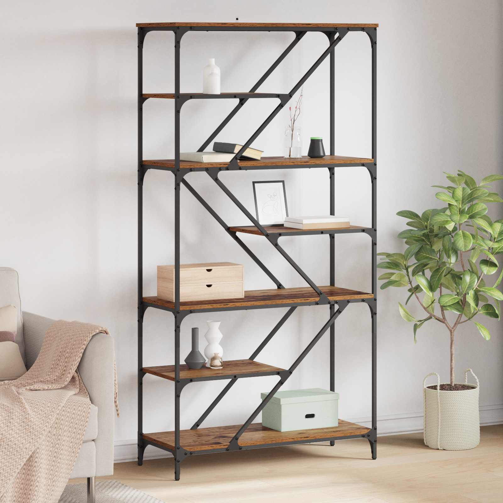 Bogreol i konstrueret træ - gammelt træ, 91 × 36 × 176 cm