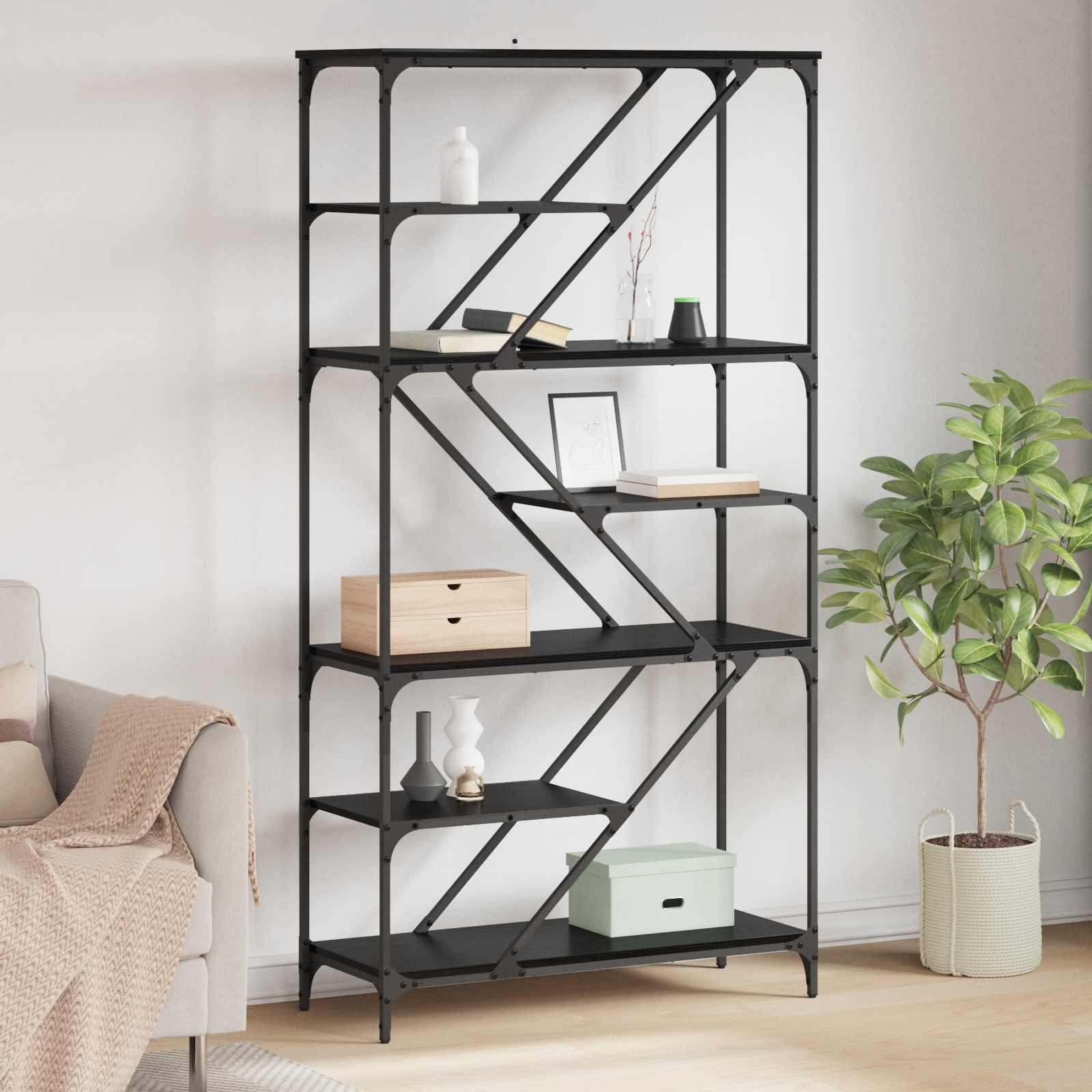 Bogreol i sort eg - 91 × 36 × 176 cm, konstrueret træ