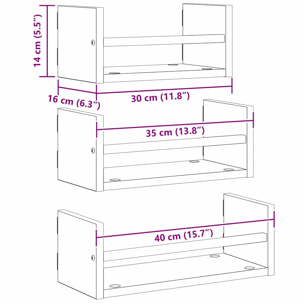 Væghyldesæt 3 stk. Sort eg 40x16x14cm Konstrueret træ