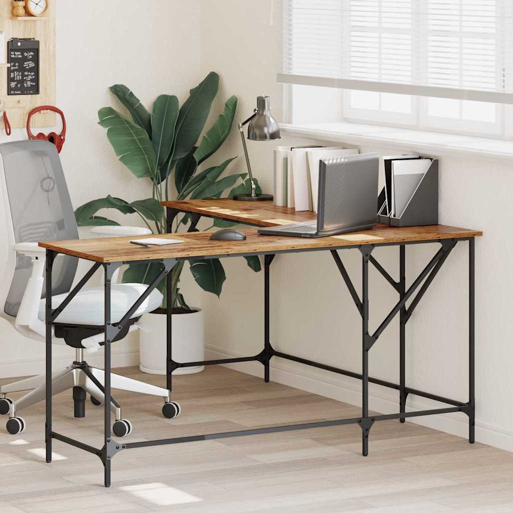 L-formet hjørneskrivebord i gammelt trælook - konstrueret træ, 149 × 149 × 75 cm