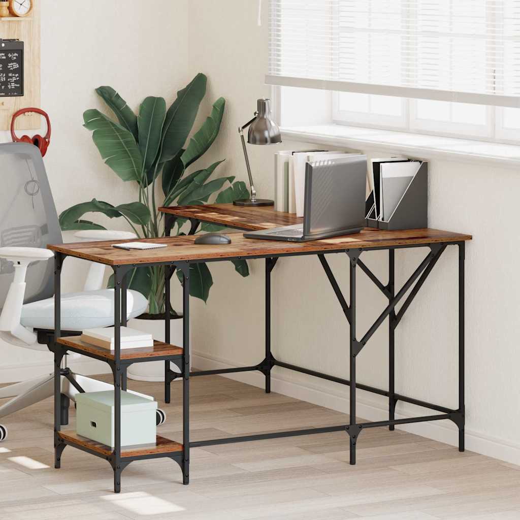 L-formet hjørneskrivebord - gammelt træ look, konstrueret træ/stål, 139 × 139 × 75 cm