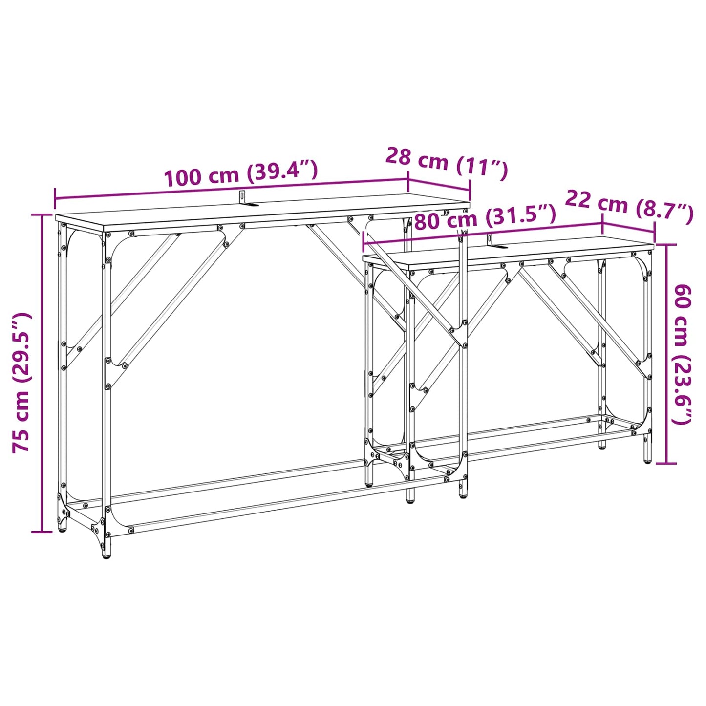 Konsolbord 2 stk. Gammelt træ 100 x 28 x 75 cm Konstrueret træ