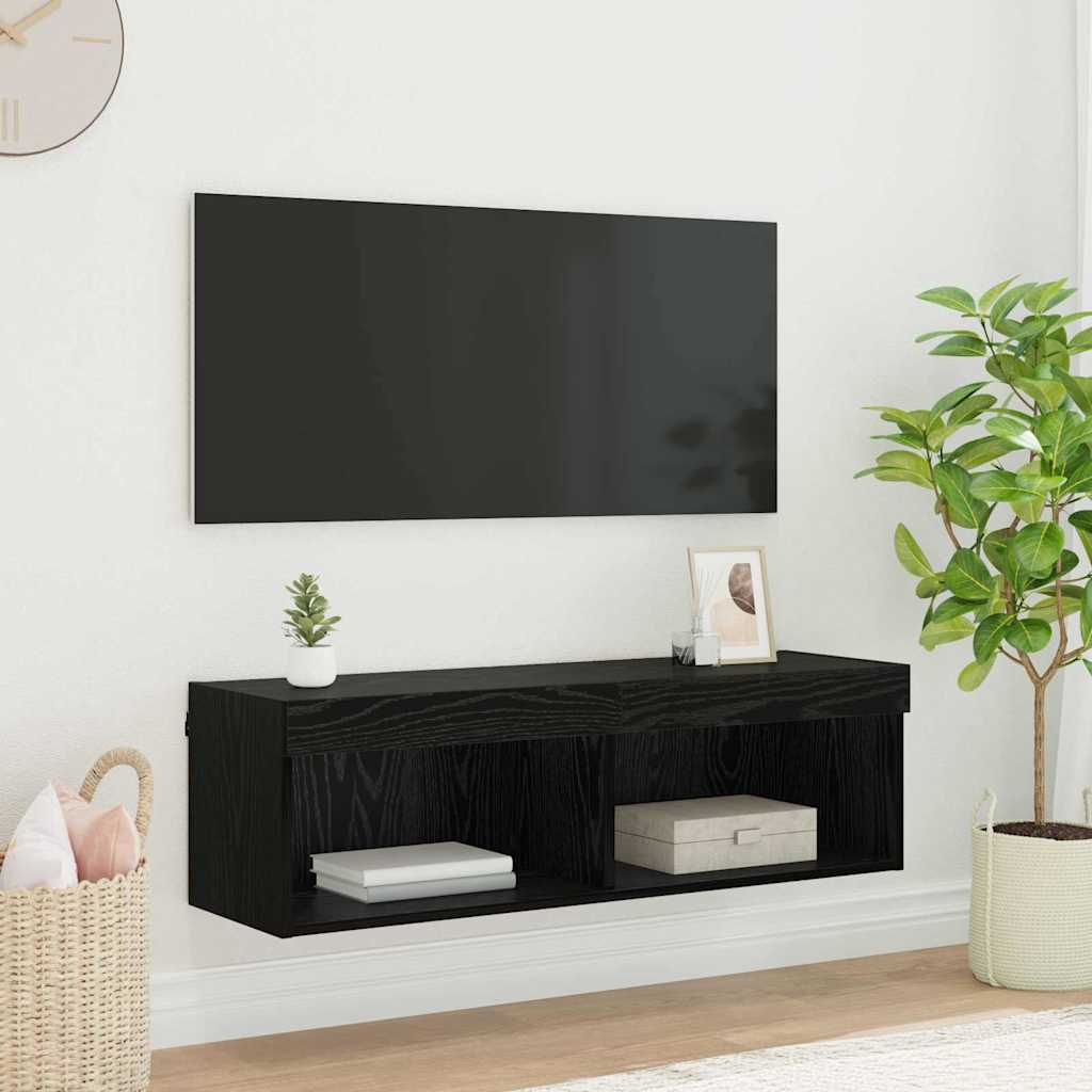 TV vægskab med LED Sort eg 100 x 30 x 30 cm Konstrueret træ