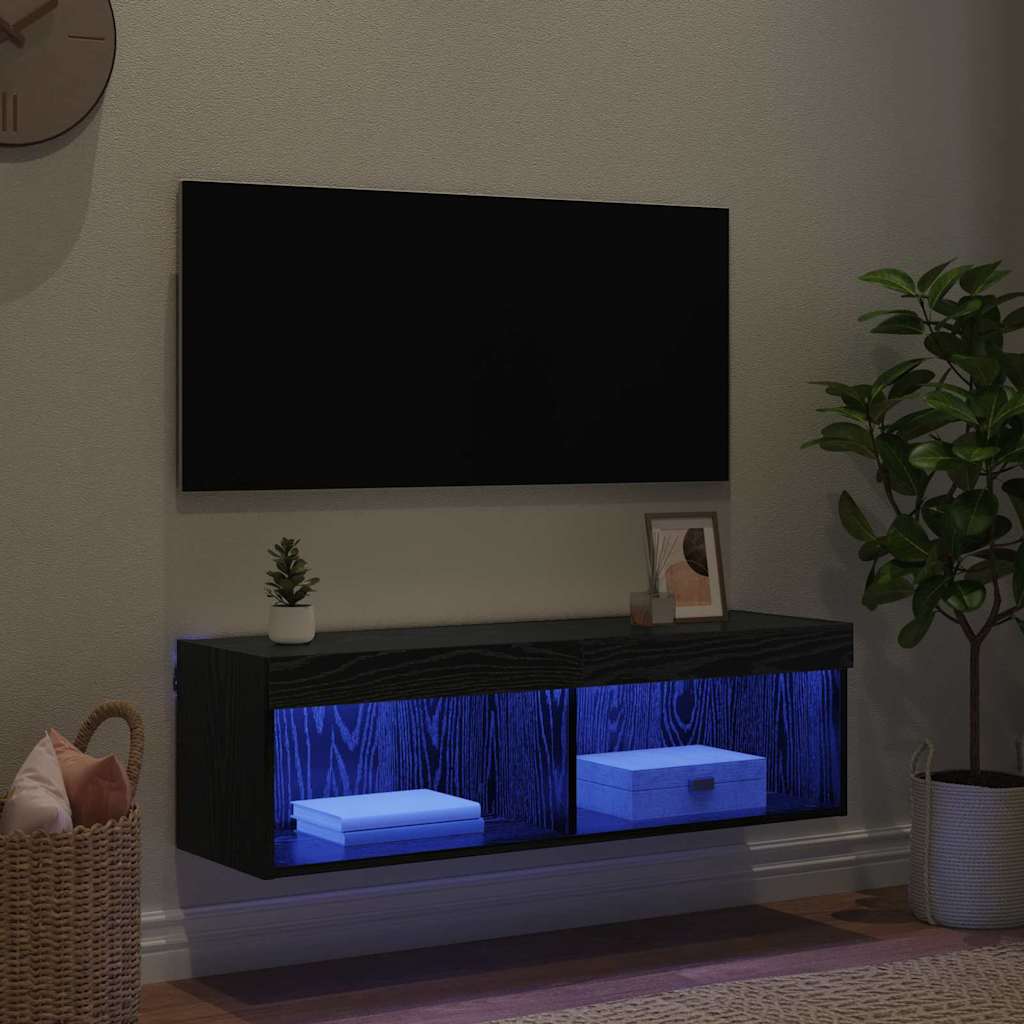 TV vægskab med LED Sort eg 100 x 30 x 30 cm Konstrueret træ