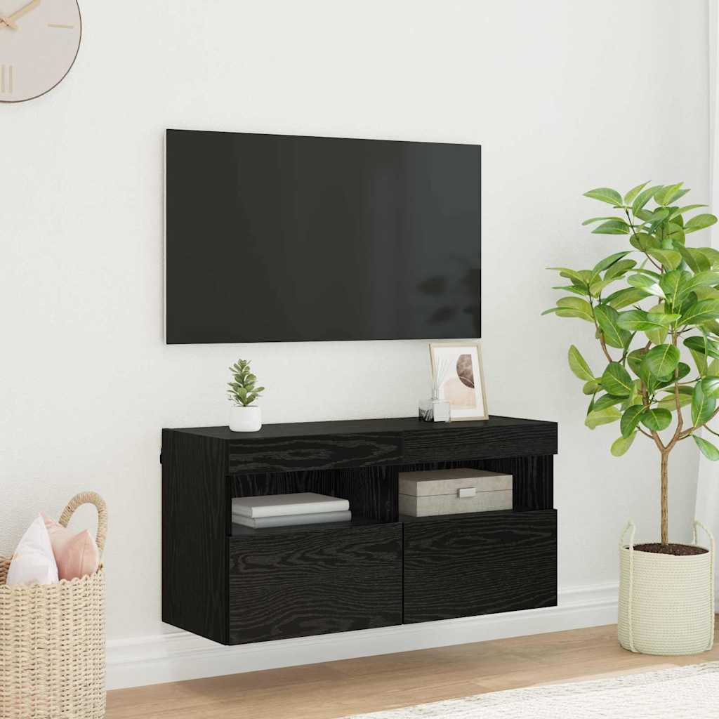 TV vægskab med LED Sort eg 80 x 30 x 40 cm Konstrueret træ