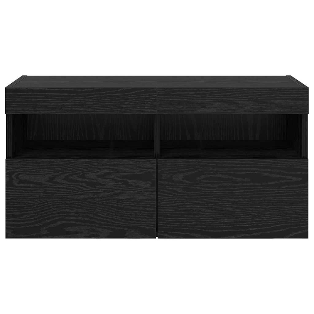 TV vægskab med LED Sort eg 80 x 30 x 40 cm Konstrueret træ