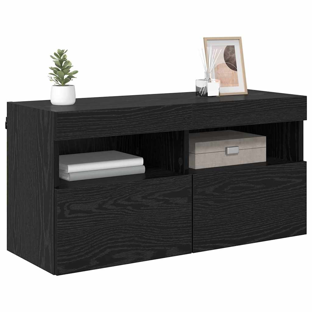TV vægskab med LED Sort eg 80 x 30 x 40 cm Konstrueret træ