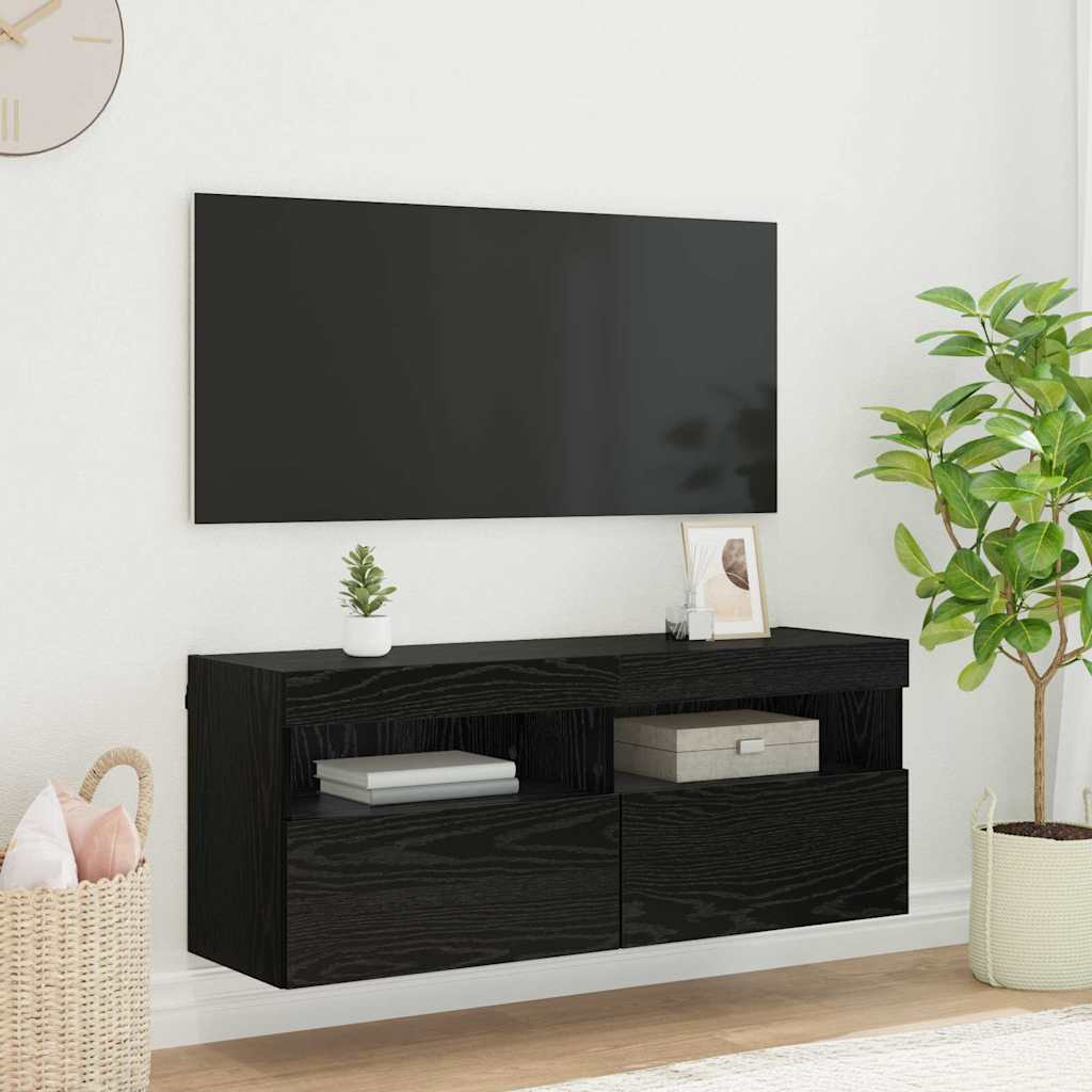 TV vægskab med LED Sort eg 100 x 30 x 40 cm Konstrueret træ