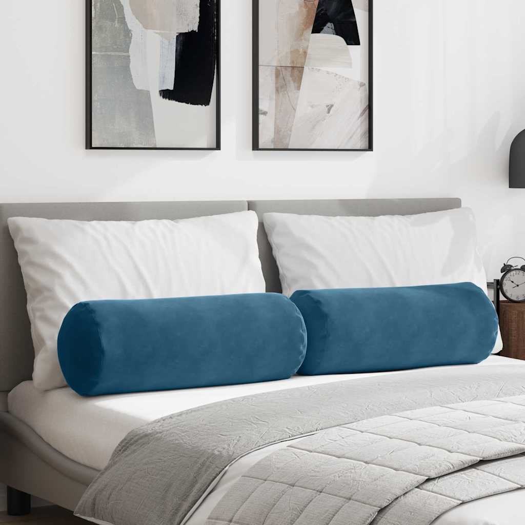 Bolsterpuder - 2 stk i blå velour, Ø 25 × 70 cm