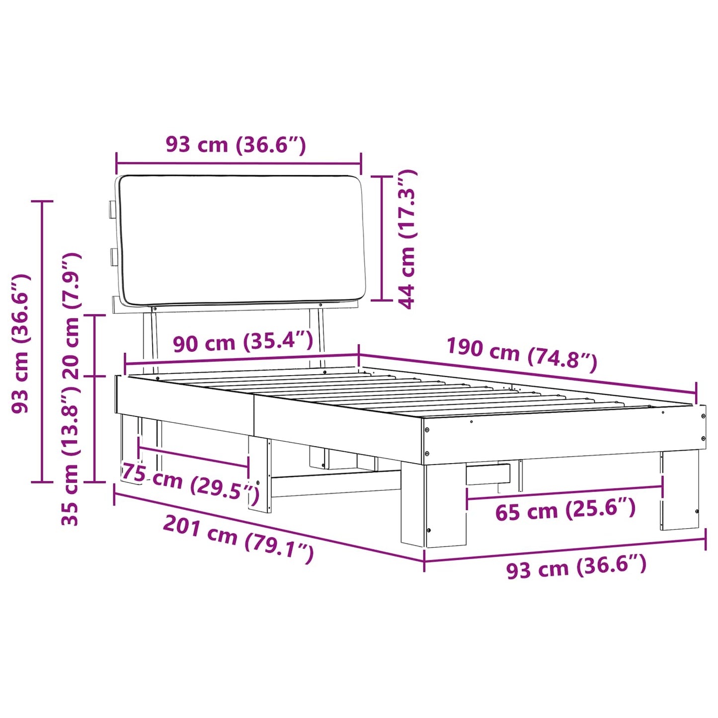 Sengestel med Polstret Hovedgavl Sort 90 x 190 cm