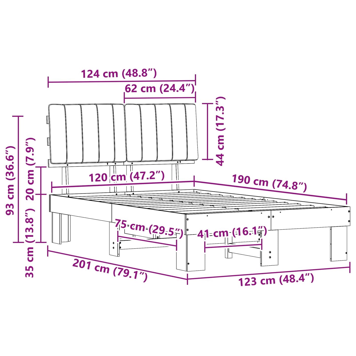 Sengestel med Polstret Hovedgavl Gråbrun 120 x 190 cm