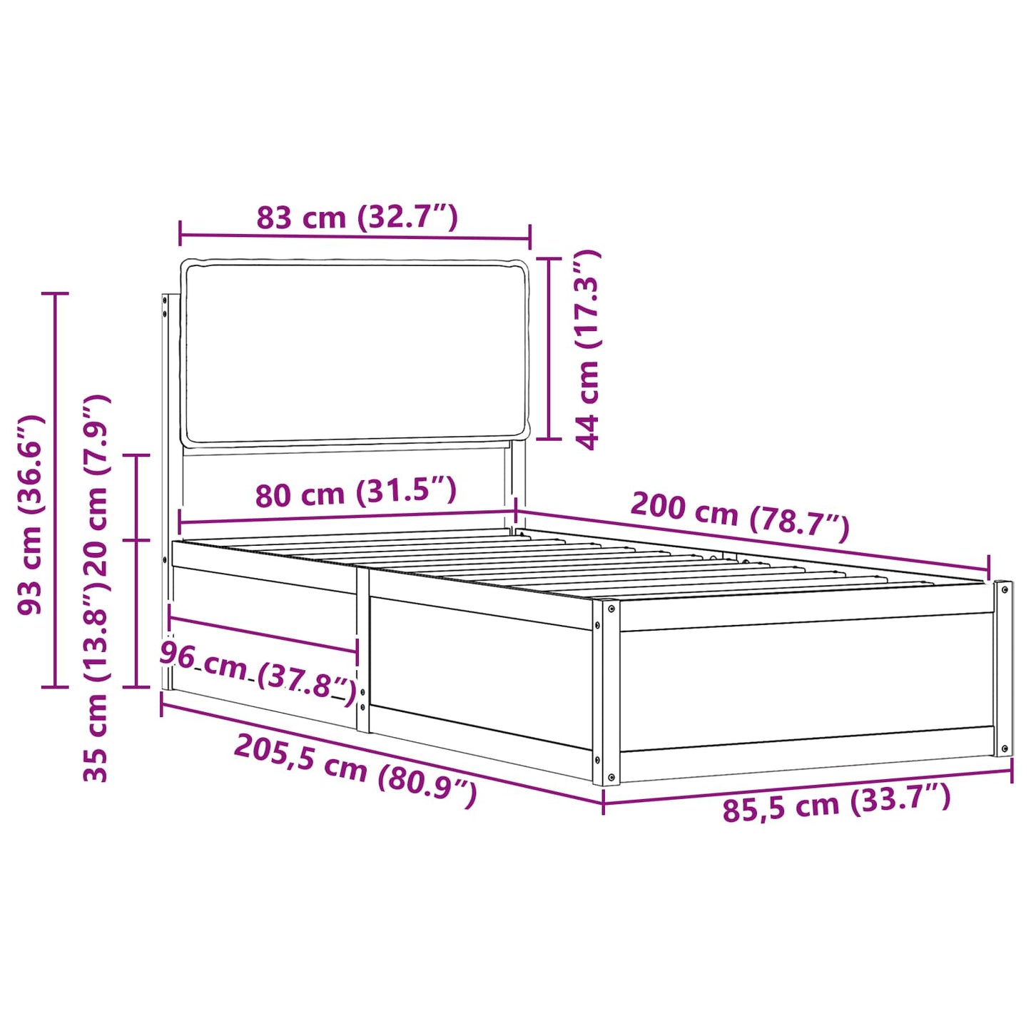 Sengestel med Polstret Hovedgavl Mørkegrå 80 x 200 cm