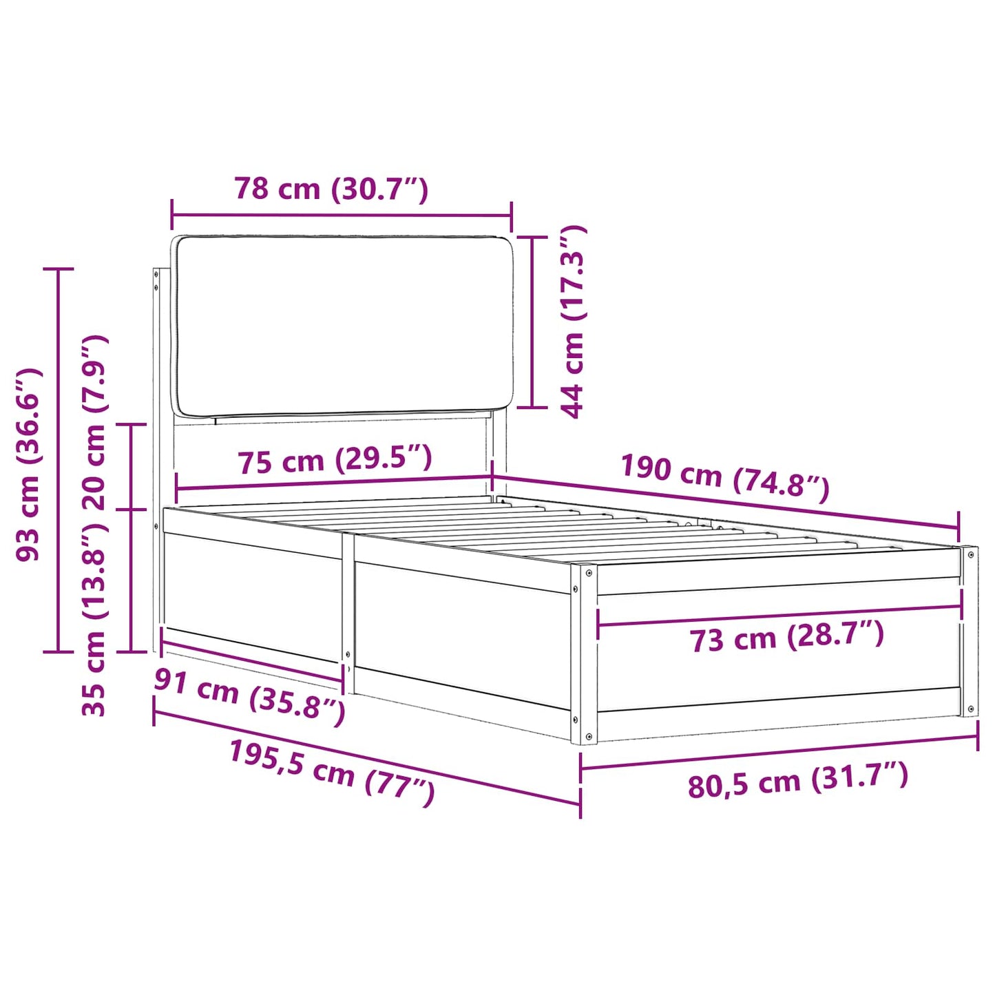 Sengestel med Polstret Hovedgavl Sort 75 x 190 cm